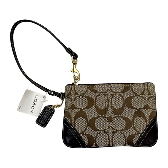 Coach Handbags - Coach Monogram Leather Trim Wristlet Clutch in Khaki/Mahogany